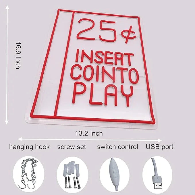 Panneau néon rétro gaming alimenté par USB pour décoration de chambre d'enfant, insérer une pièce pour jouer, panneau néon LED à intensité variable pour éclairage de salle de jeux, caverne d'homme, salle de jeux, bar