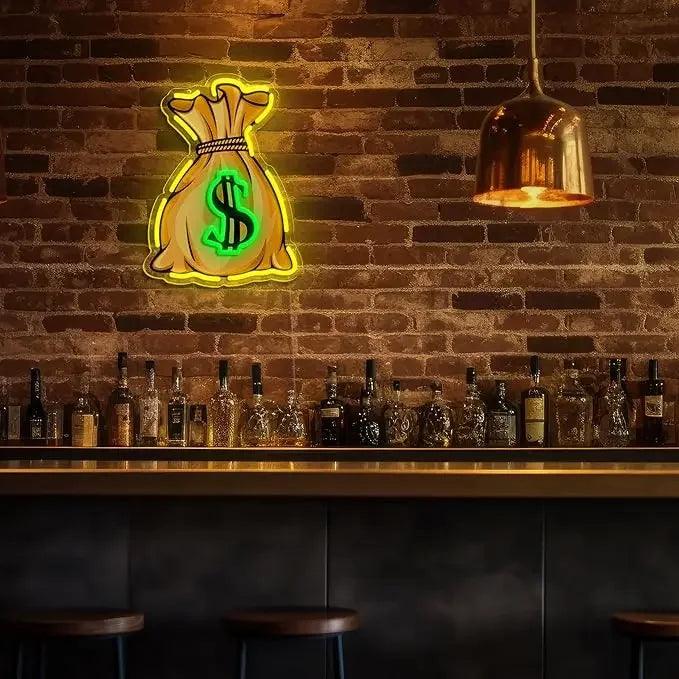 Panneau néon pour sac d'argent pour décoration murale, néon LED pour argent dollar pour salle de jeux chambre cadeaux d'anniversaire