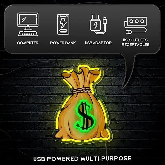 Panneau néon pour sac d'argent pour décoration murale, néon LED pour argent dollar pour salle de jeux chambre cadeaux d'anniversaire