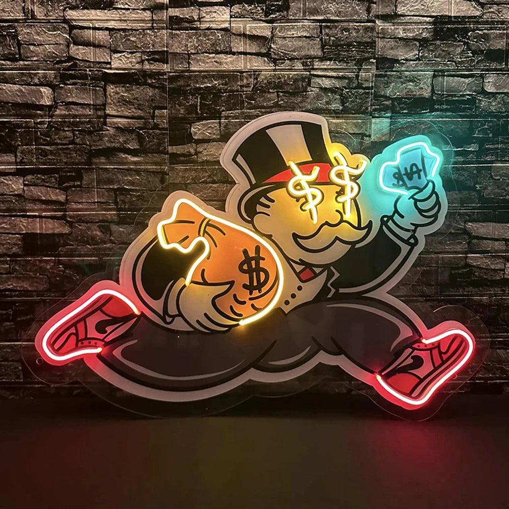 Enseigne au néon personnalisée Sac d'argent Homme des cavernes Enseignes au néon Décoration de salon Signalisation Néon pour bureau Chambre Bar Club Art mural Décor Signes