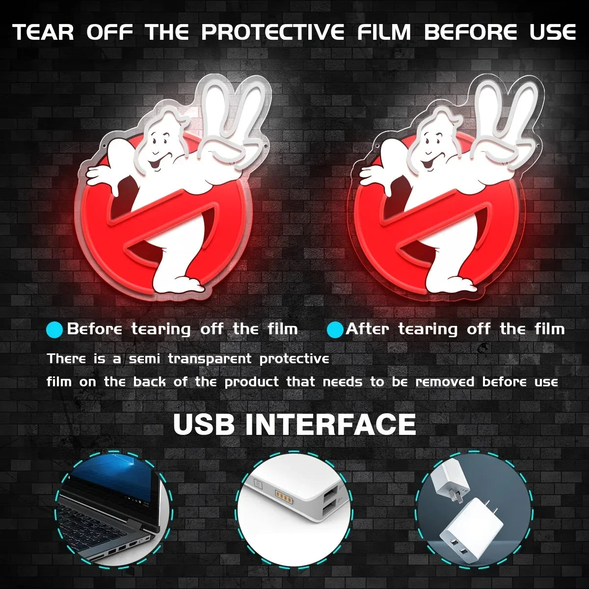 1Pc Ghostbusters Neon, support mural en plastique alimenté par USB avec commande à bouton-poussoir, Art déco polyvalent, adapté aux bars à domicile, aux caves pour hommes, aux magasins et aux restaurants
