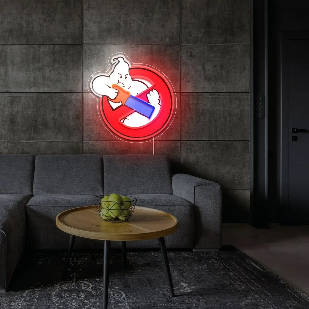 1 pièce d'art mural néon lumineux - conception d'homme scie avec logo Suicide Squad, impression UV, décoration de bar à la maison, art de chambre, idéal pour les fans de bandes dessinées et cadeaux d'anniversaire, décoration murale néon