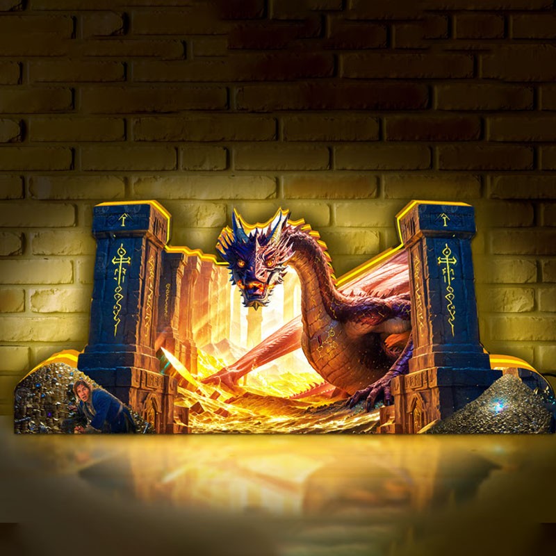 Decorative wall art with a dragon and castle design on a brick wall background