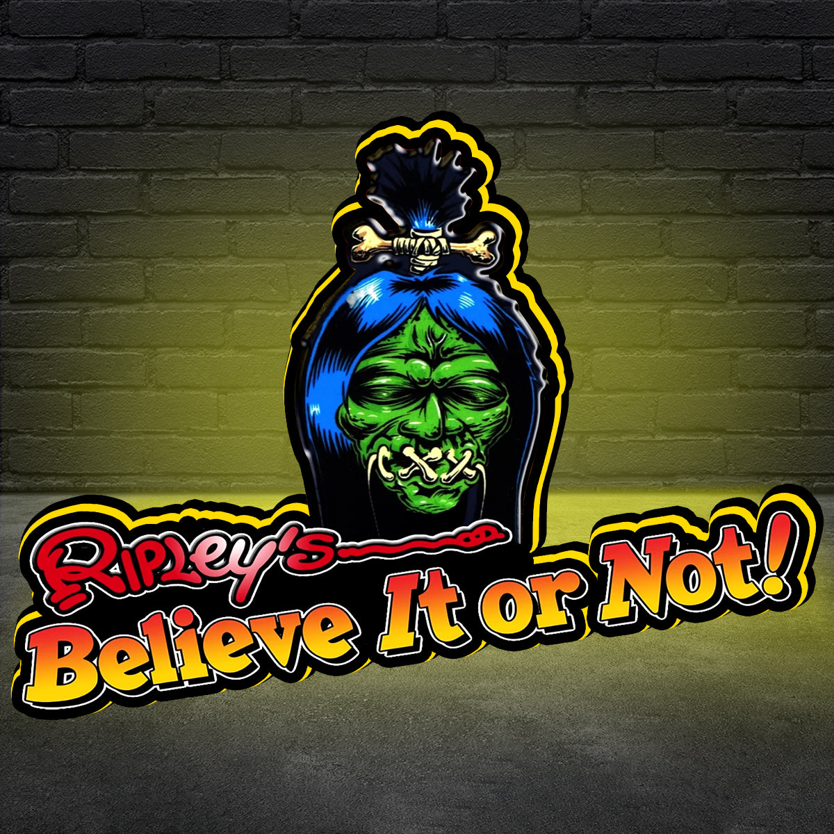 Logo of Ripley's Believe It or Not pinball topper! with a colorful design on a brick wall background