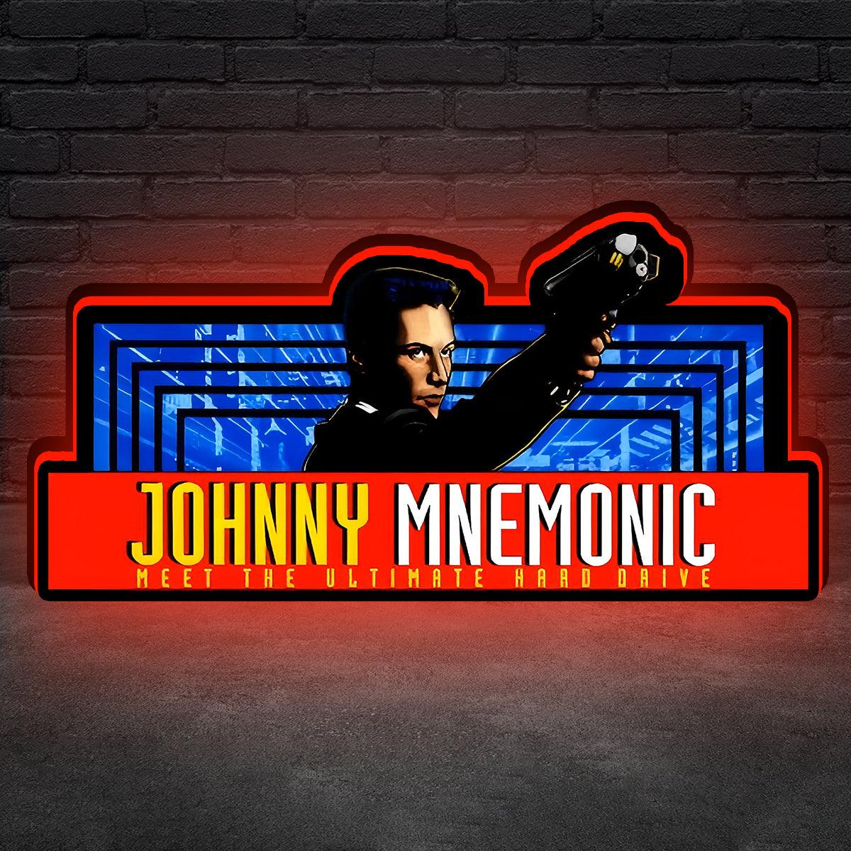 3D printed LED lightbox with 'Johnny Mnemonic' movie logo, displaying a character holding a gun with a red and blue light.