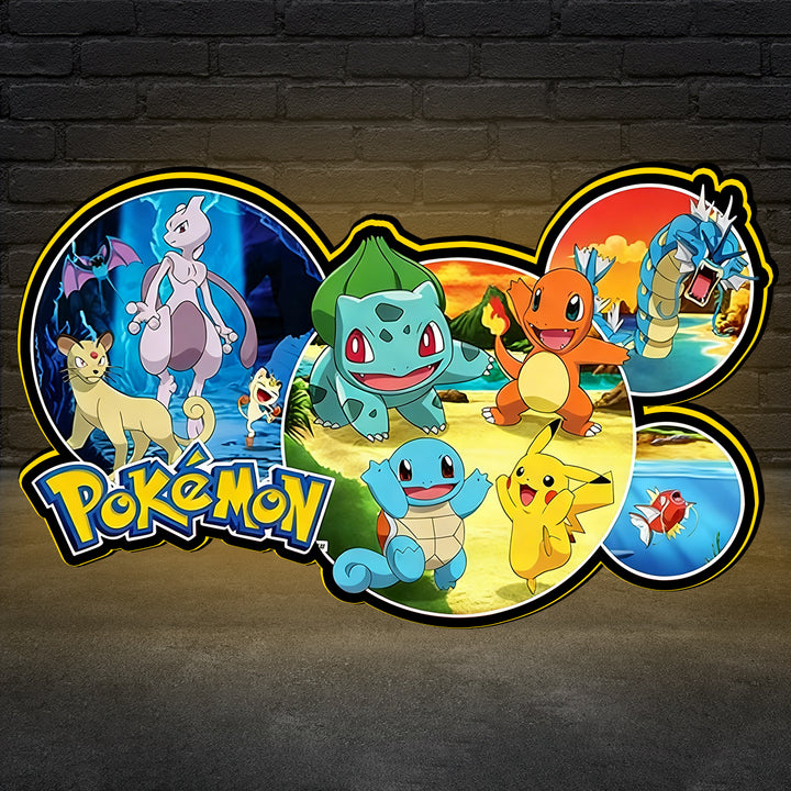 Pokémon characters on a circular design with the Pokémon logo against a brick wall background.