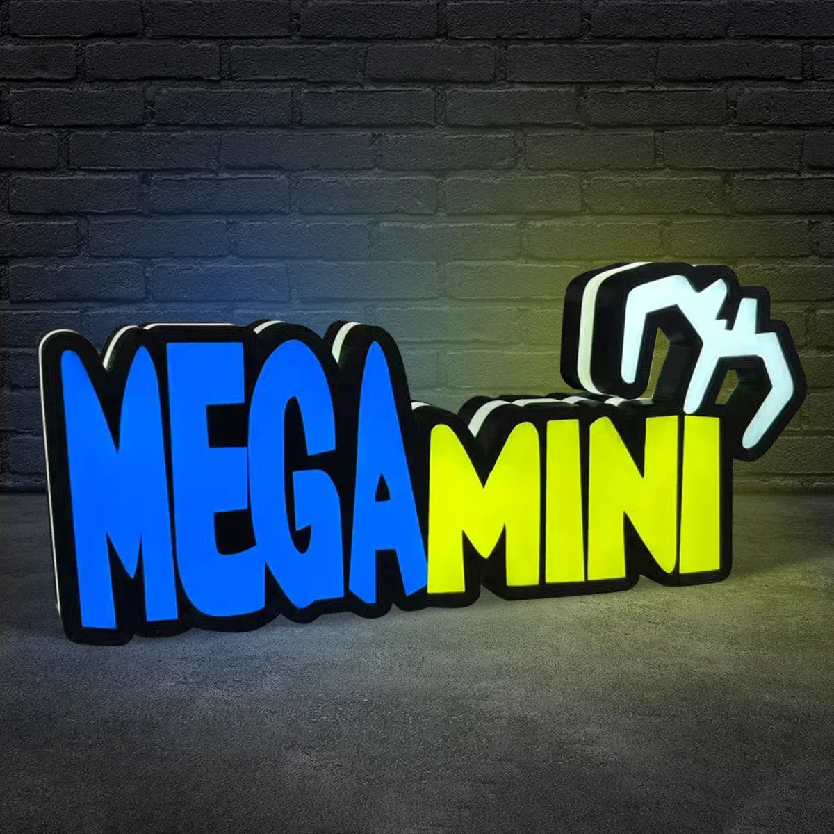 Neon sign with 'MEGA MINI' text on a brick wall background