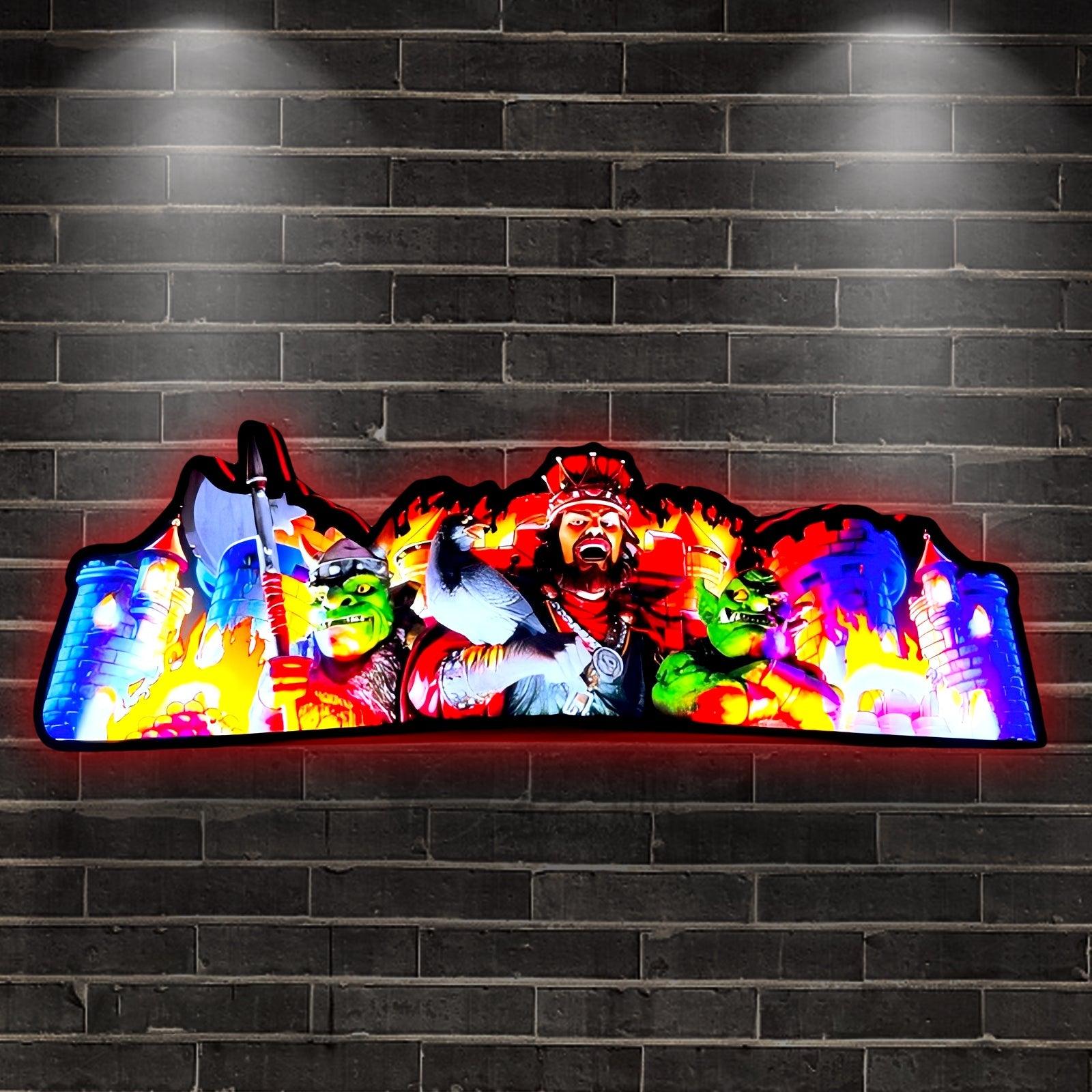 Medieval Madness Flipper-Aufsatz mit LED-Leuchtkasten und Feuermotiv, Flipper-Arcade-Dekoration, perfekt für Spielzimmer oder Flipperautomaten