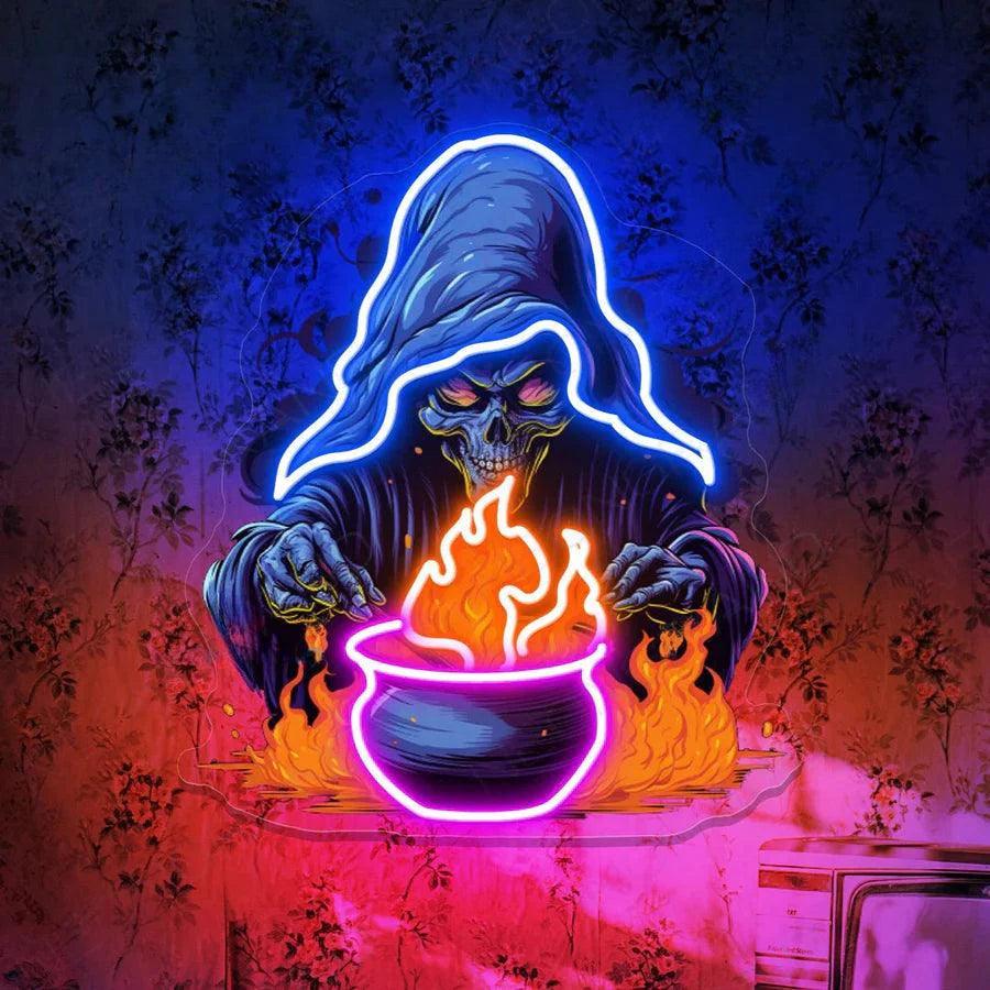 Witch Halloween Sign Scary LED Light-Up Sign  18 x 18 Inches Clear Edge Cut Acrylic Backing, with Dimmer - Bright and Premium built For Gaming and Kids Room Decor