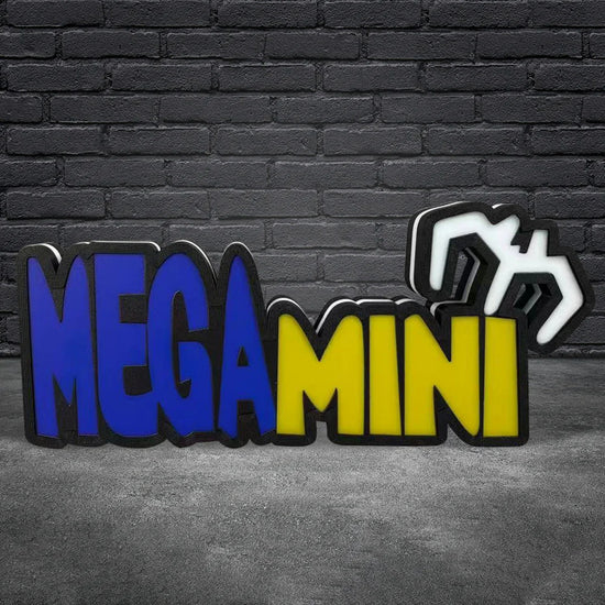 Logo with 'MEGA MINI' text on a dark brick wall background