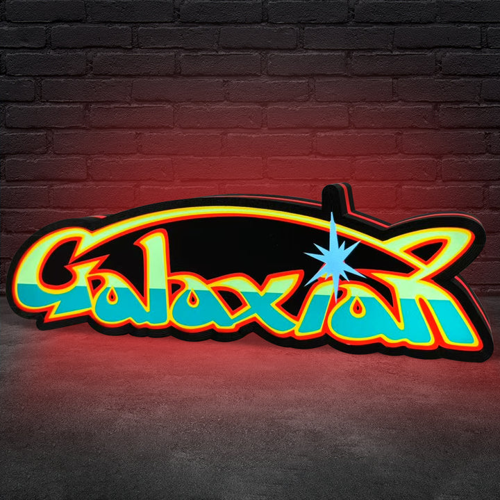 Galaxian Logo 3D Printed LED Lightbox for Gaming Room Decor, Galaga Classic Arcade Gaming Lightbox