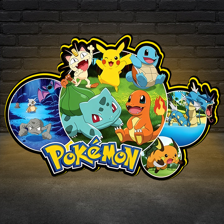 Pokémon characters with the Pokémon logo on a dark brick wall background