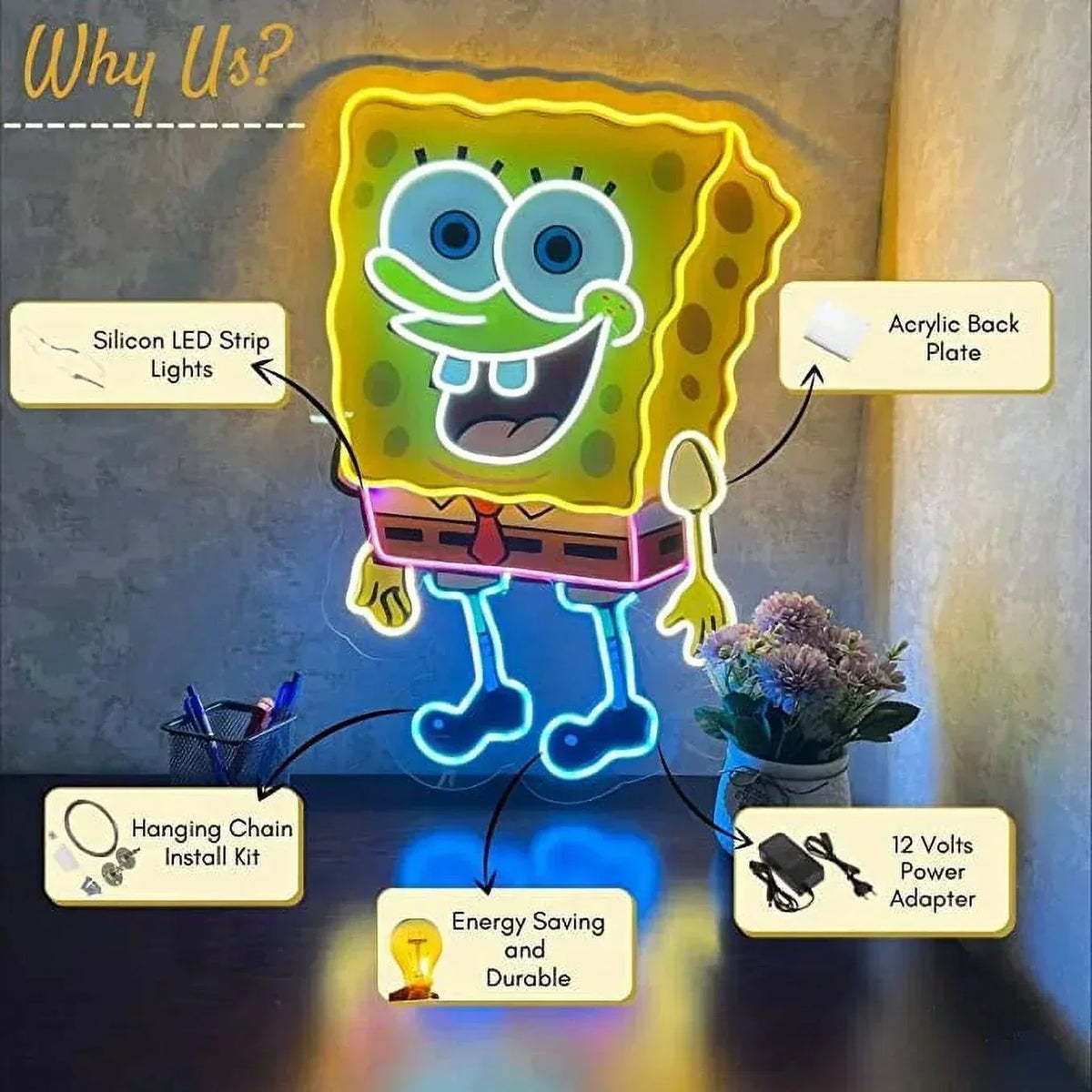 Spongebob Window Led Sign Spongebob Neon Sign UV Printed, 19 x 26 inches Yellow Neon for Kids ...