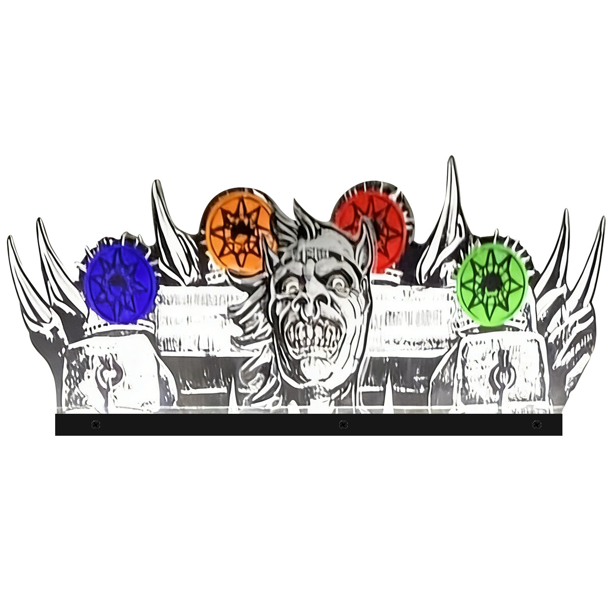 Decorative shelf with a skull design and colored circles on a white background
