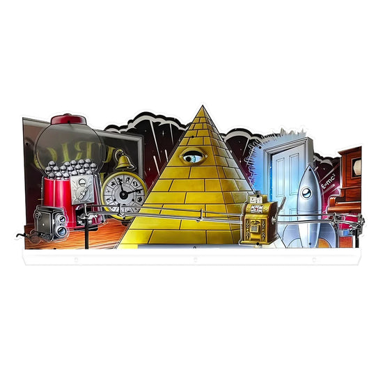 3D acrylic LED topper for pinball machines featuring a colorful design with eye graphics and various pinball machine elements.