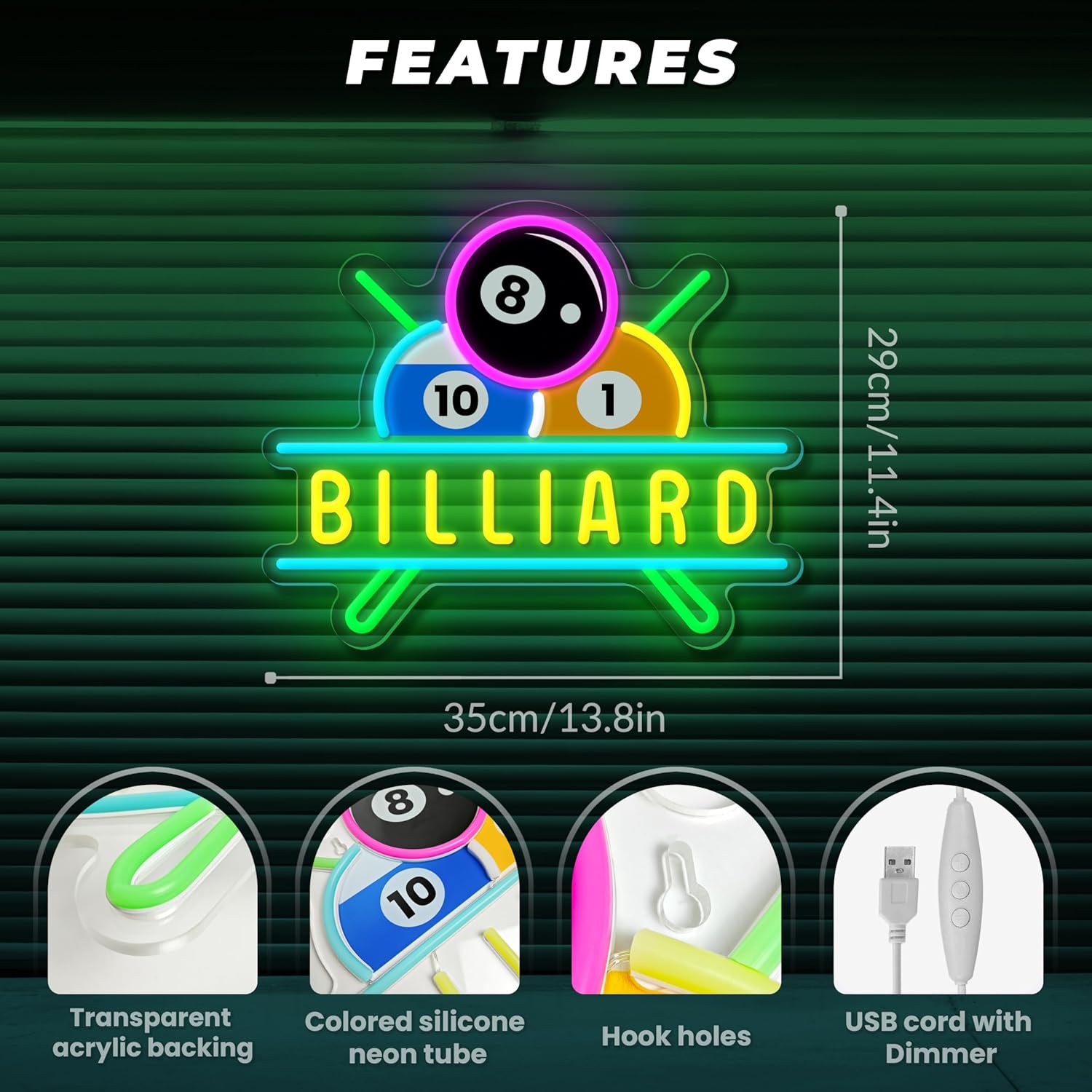 Billiards Neon Sign for Wall Decor Dimmable Billiards Neon Lights for Game Room Party Pub Bar Billiard Club Bedroom Man Cave Decor Billiards Lovers Gift