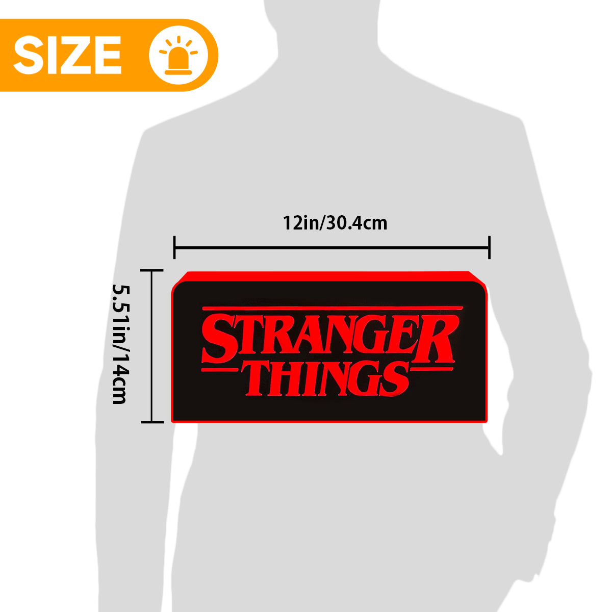 Measurement chart for a 'Stranger Things' logo with dimensions on a white background