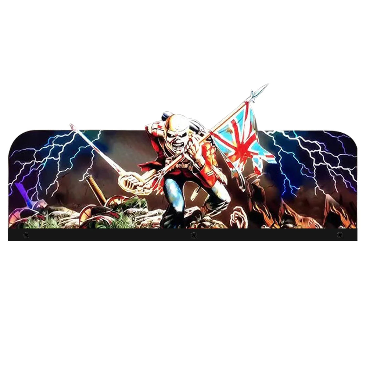 Gaming mouse pad with a skeleton holding a flag and lightning effects on a dark background