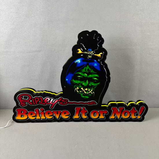 Decorative sign with 'Ripley's Believe It or Not!' logo and bear holding a skull design on a gray background.