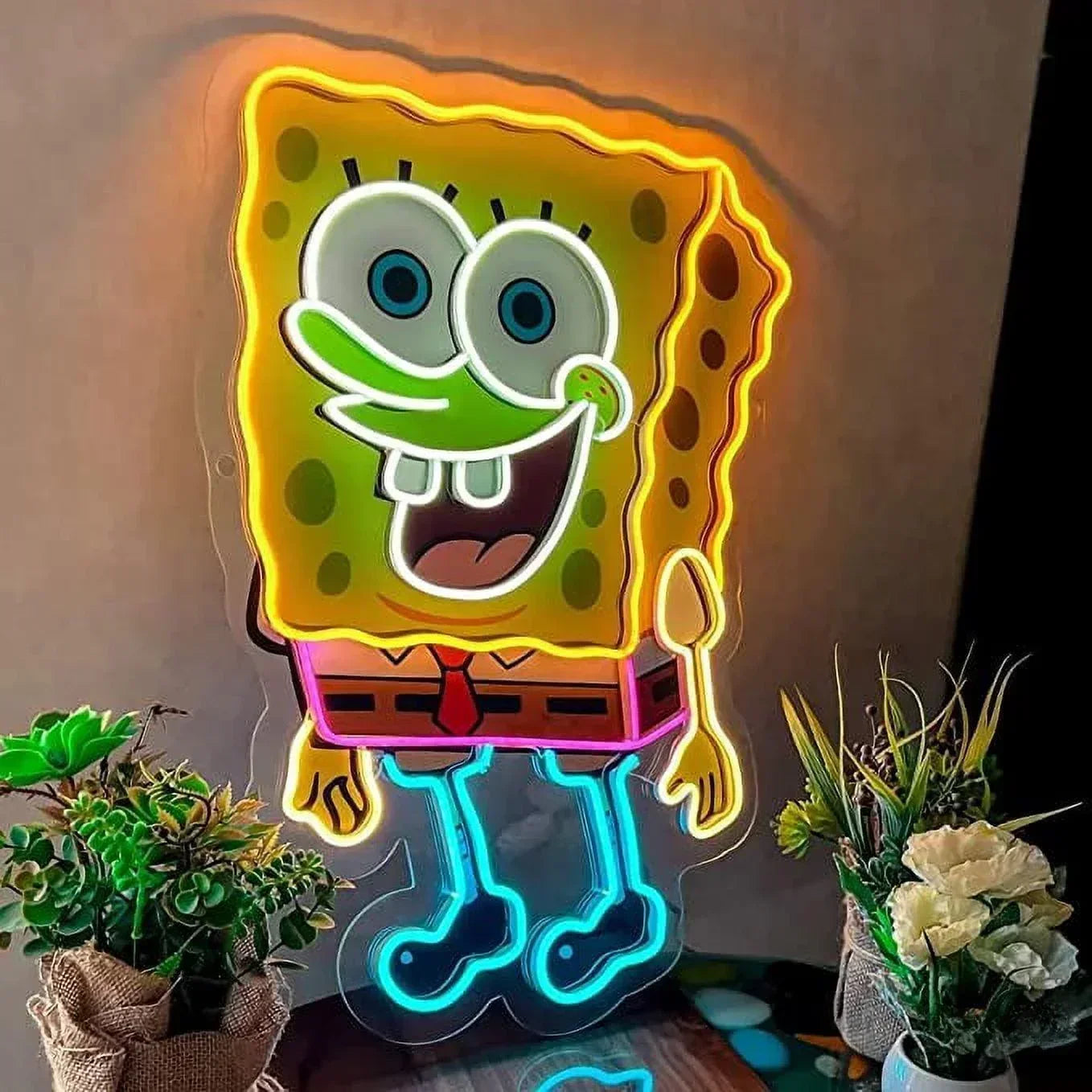 Spongebob-Neonreklame, UV-bedruckt, 48 x 66 cm, gelbes Neonlicht für Kindergeburtstage, mit Dimmer und Netzteil