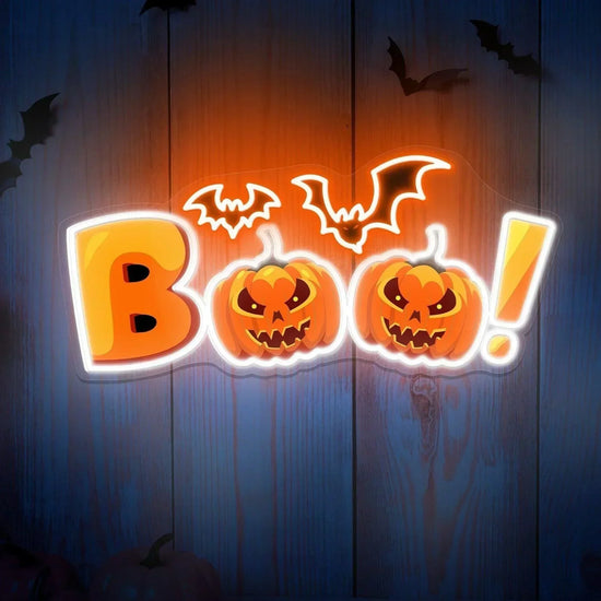 BOO Neon Halloween Sign Scary LED Light-Up Sign  20 x 9 Inches Clear Edge Cut Acrylic Backing, with Dimmer - Bright and Premium built For Gaming and Kids Room Decor