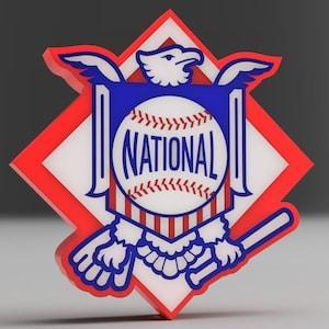 3D printed LED lightbox sign featuring the Major League Baseball National League logo with a baseball and the text 'NATIONAL' on a red and blue background.