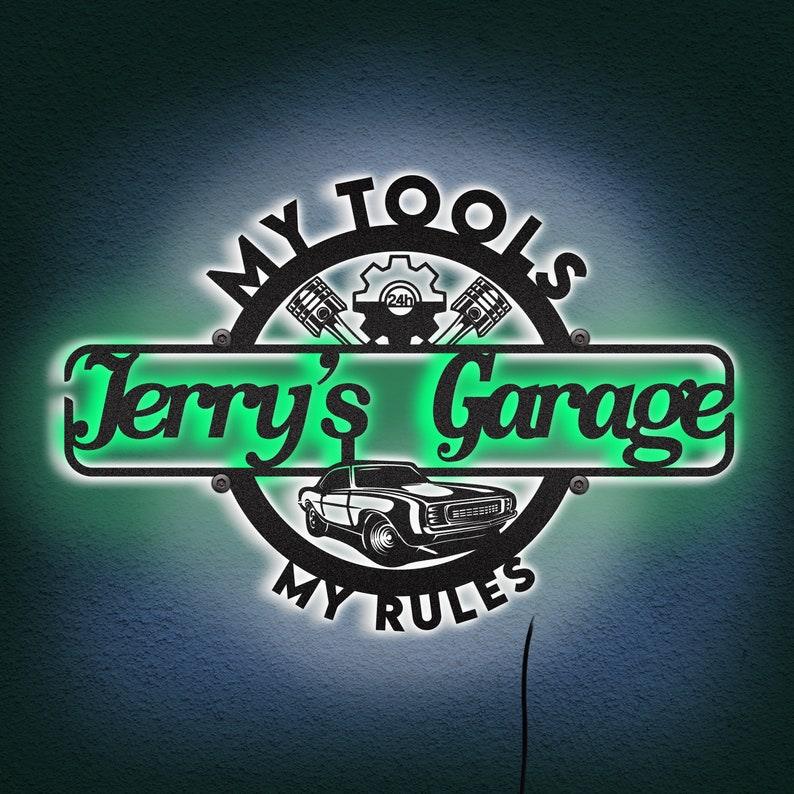 My Tools My Rules Personalized Garage Sign Neon Light Led Backlit Metal Wall Art, Unique Home Decor Perfect for Car Enthusiasts & DIYers