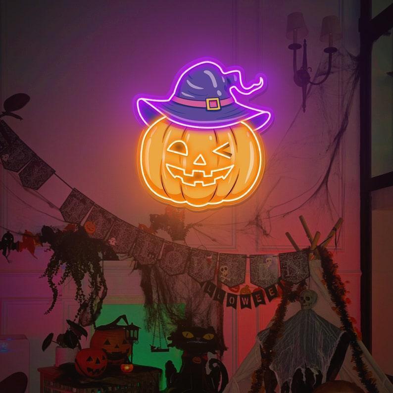 Décoration lumineuse d'Halloween / Enseigne au néon citrouille maléfique / Lumière néon LED citrouille effrayante / Enseigne lumineuse au néon / Décoration d'intérieur d'Halloween / Enseigne au néon citrouille 