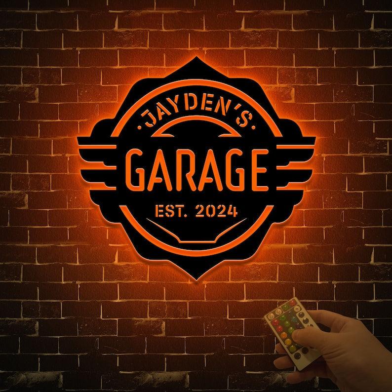 Custom Garage Sign with Led Light, Metal Garage Decor, Garage Gifts for Dad, Garage Name Sign, Workshop Wall Art, Personalized Garage Sign