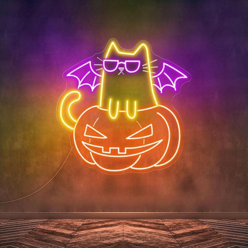 Neon-Leuchtschild „Kürbiskatze“, LED-Katzenbeleuchtung, Halloween-Neon-LED-Katzenleuchte, Wanddekoration mit Katzenmotiv, LED-Kürbis-Leuchtschild fürs Schlafzimmer, Halloween-Deko – T3165 