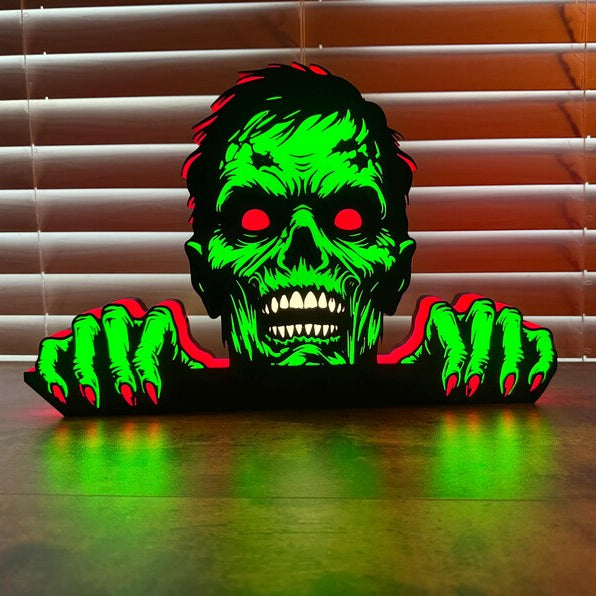 Glowing green and red zombie figure on a wooden surface with blinds in the background