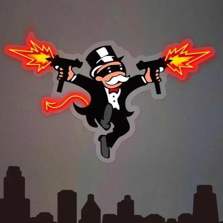 Monopoly Neon Sign, The Uncle Devil With Gun Neon Light Wall Art, UV Print Acrylic Led Neon Sign
