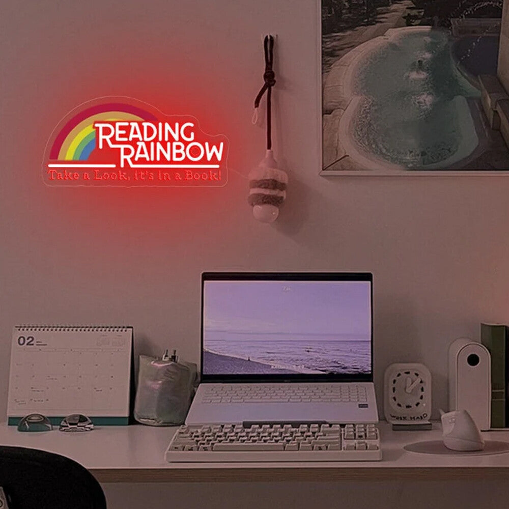 Reading Rainbow Neon Sign Take A Look It's in A Book Reading Room Sign
