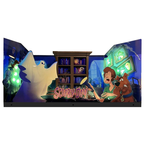 Animated scene with a ghost, books, and characters from 'Scooby-Doo' in a room setting.